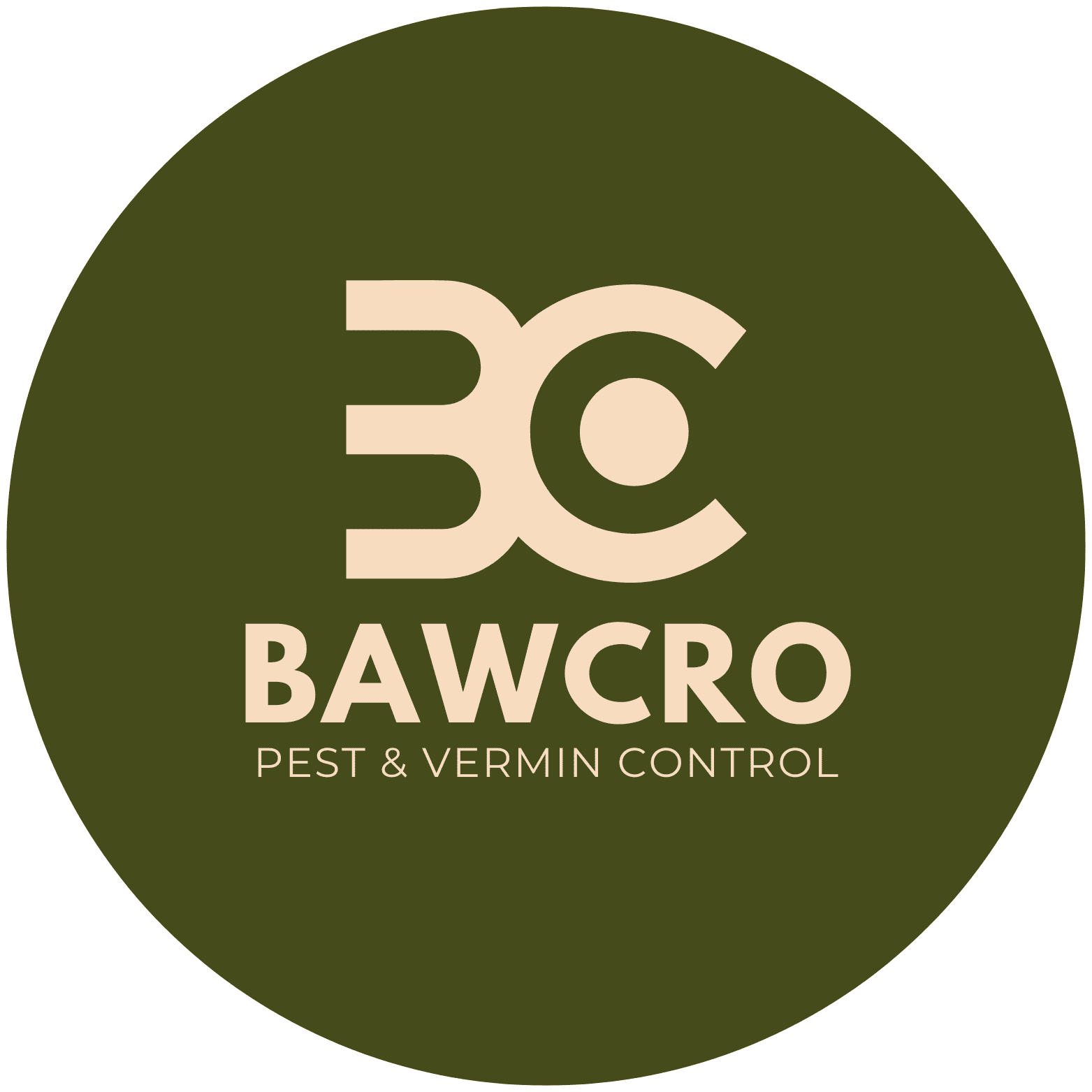 Bawcro Pest & Vermin Control logo featuring stylised BC initials in beige on an olive green circle