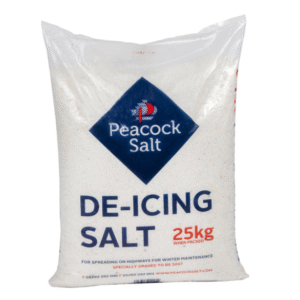 25KG bag of Peacock Salt branded De-Icing White Rock Salt, suitable for winter gritting and spreading on paths, car parks and roads.