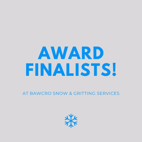 Blue background with Award Finalists! at Bawcro Snow & Gritting Services with a white snowflake