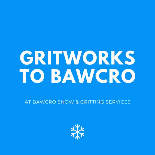 Blue background with Gritworks to Bawcro at Bawcro Snow & Gritting Services with a white snowflake