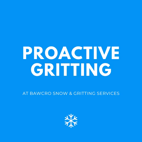 Blue background with Proactive Gritting at Bawcro Snow & Gritting Services with a white snowflake