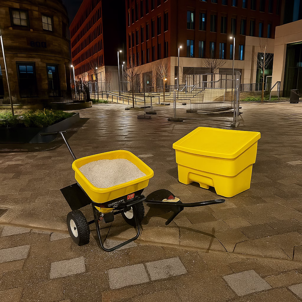 Manual Gritter in Car Park with a Grit Bin