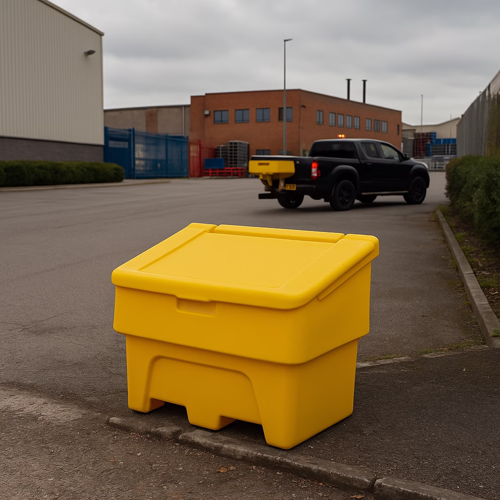 Black Hilux with gritter on the back and a Yellow Grit Bin at the front