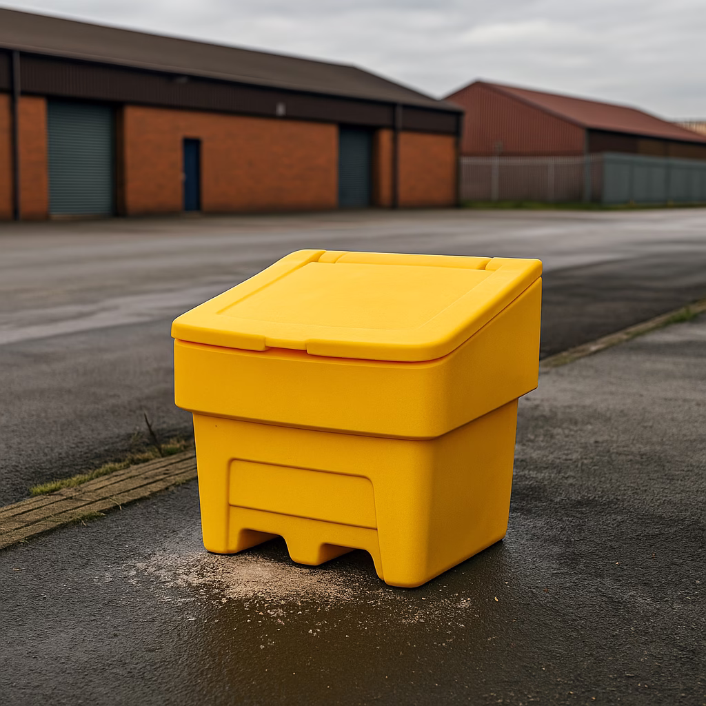 Yellow Grit Bin in an industrial estate
